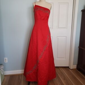 Morgan & Co. One Shoulder Red Dress with Silver Accents